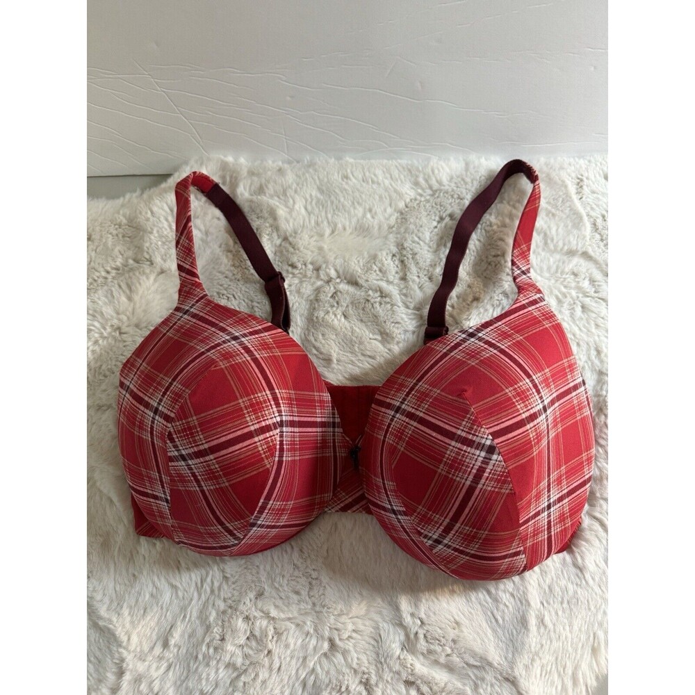 Cacique 40F Bra Red Plaid Lightly Lined Underwire Back Closure Holiday Fall